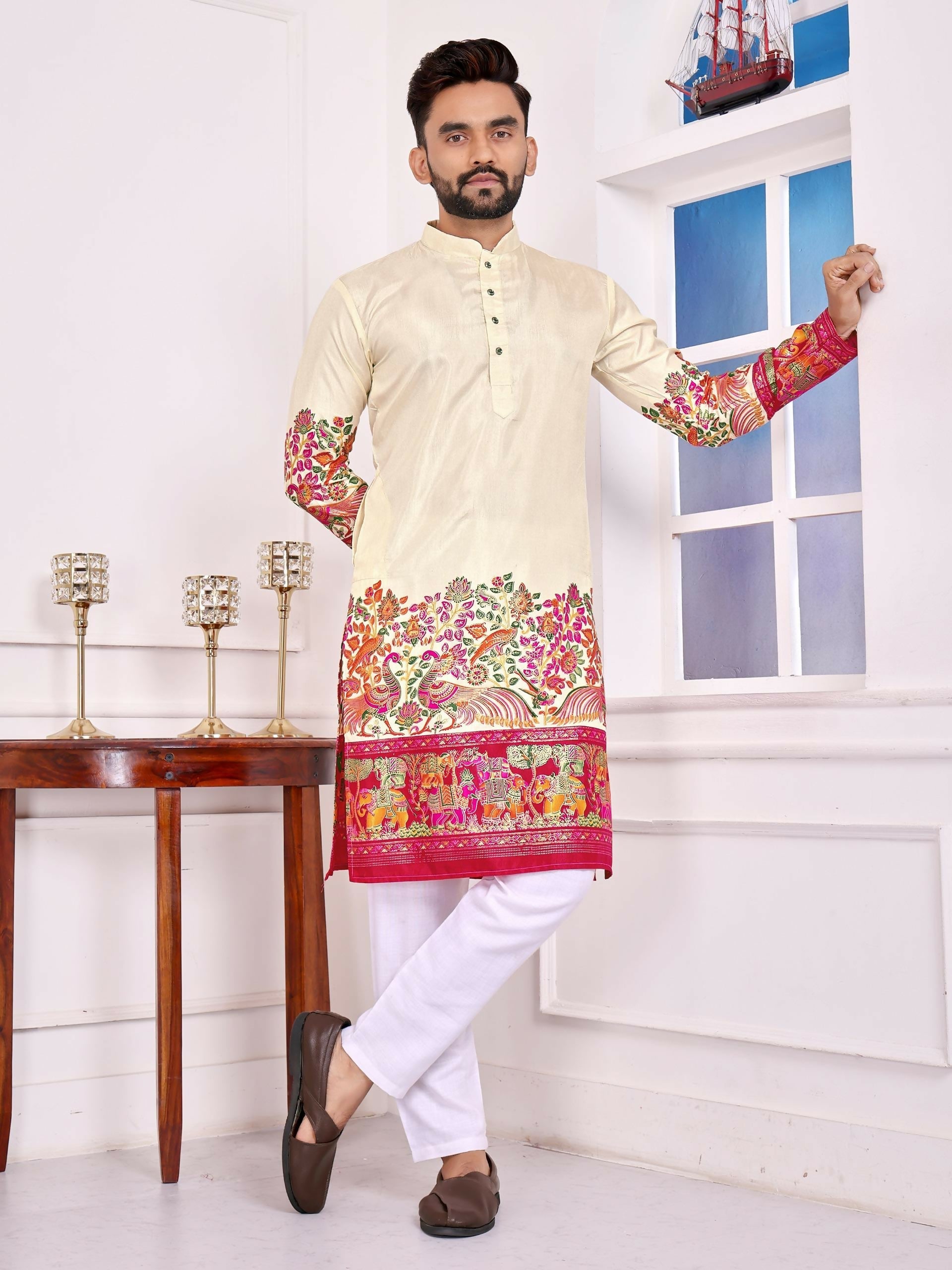Anaita Beige Dola Silk Straight Kurta With Foil Work | Grocsy