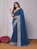 Teal Blue Silk Georgette Laser Cut Embroidery Wired Frills Saree - Norita Saumya | Grocsy