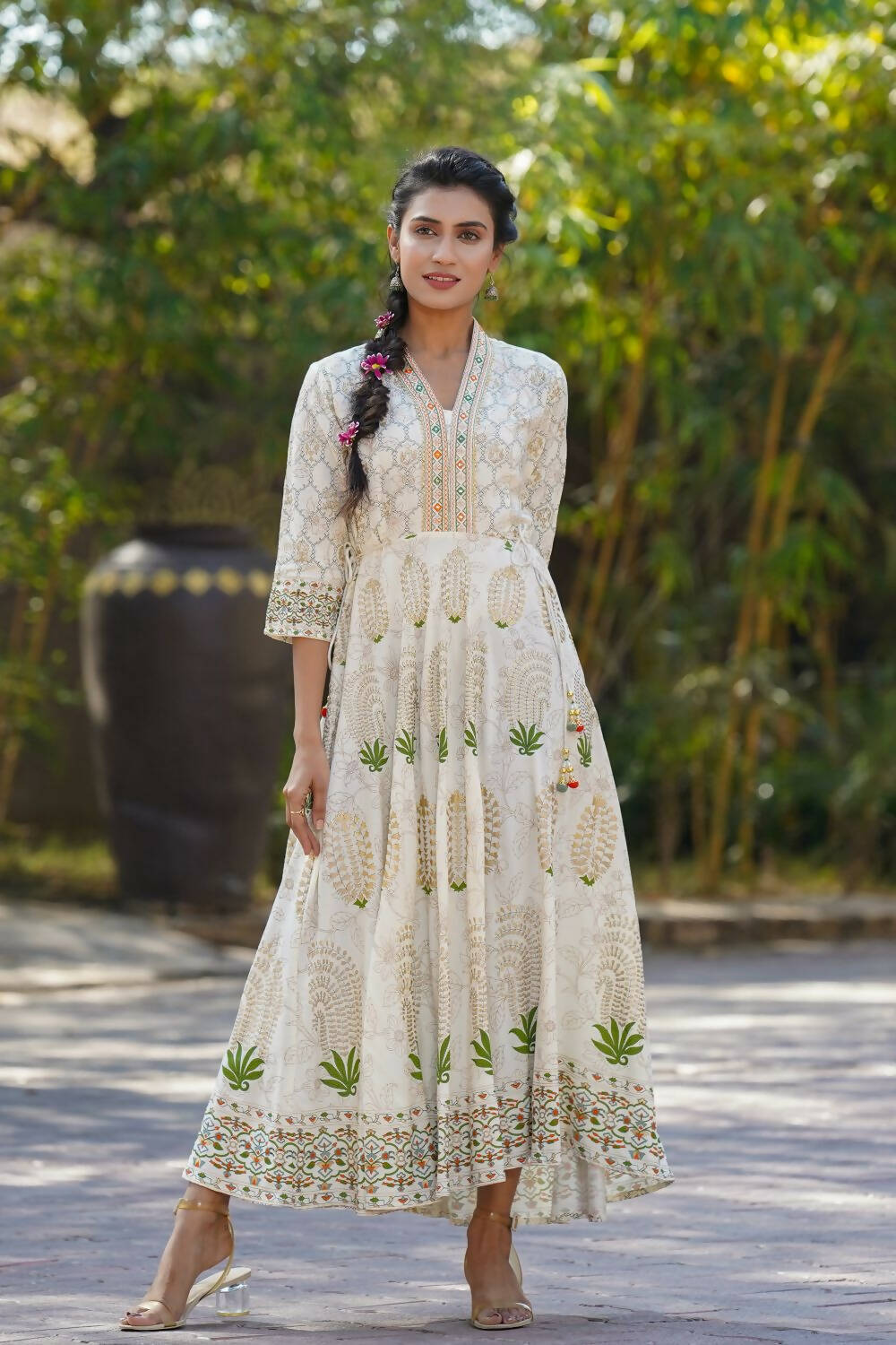 Juniper Womens Ivory Rayon Foil Printed Circular Maxi Dress With Mirror Embroidery | Grocsy