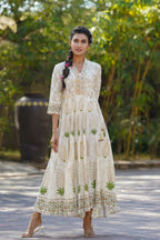 Juniper Womens Ivory Rayon Foil Printed Circular Maxi Dress With Mirror Embroidery | Grocsy