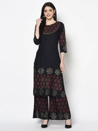 Aniyah Rayon Black Color Block Print Straight Kurta Palazzo Set (AN-189K) | Grocsy