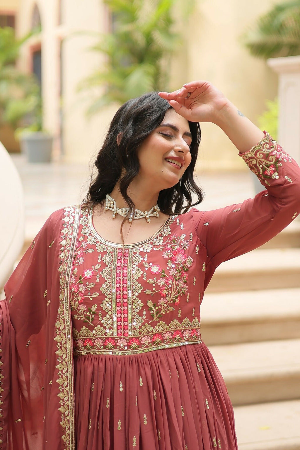 Joban Fashion Coffee Georgette Sequence Embroidery Work Kurta Set | Grocsy
