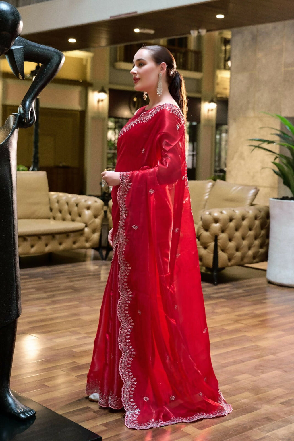 Vastranavya Red Embroidery Work Shimmer Chiffon Saree with Unstitched Blouse | Grocsy