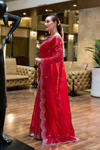 Vastranavya Red Embroidery Work Shimmer Chiffon Saree with Unstitched Blouse | Grocsy