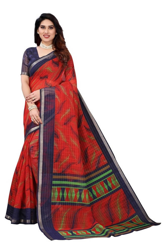 Vamika Red Linen Zari Border Printed Saree | Grocsy