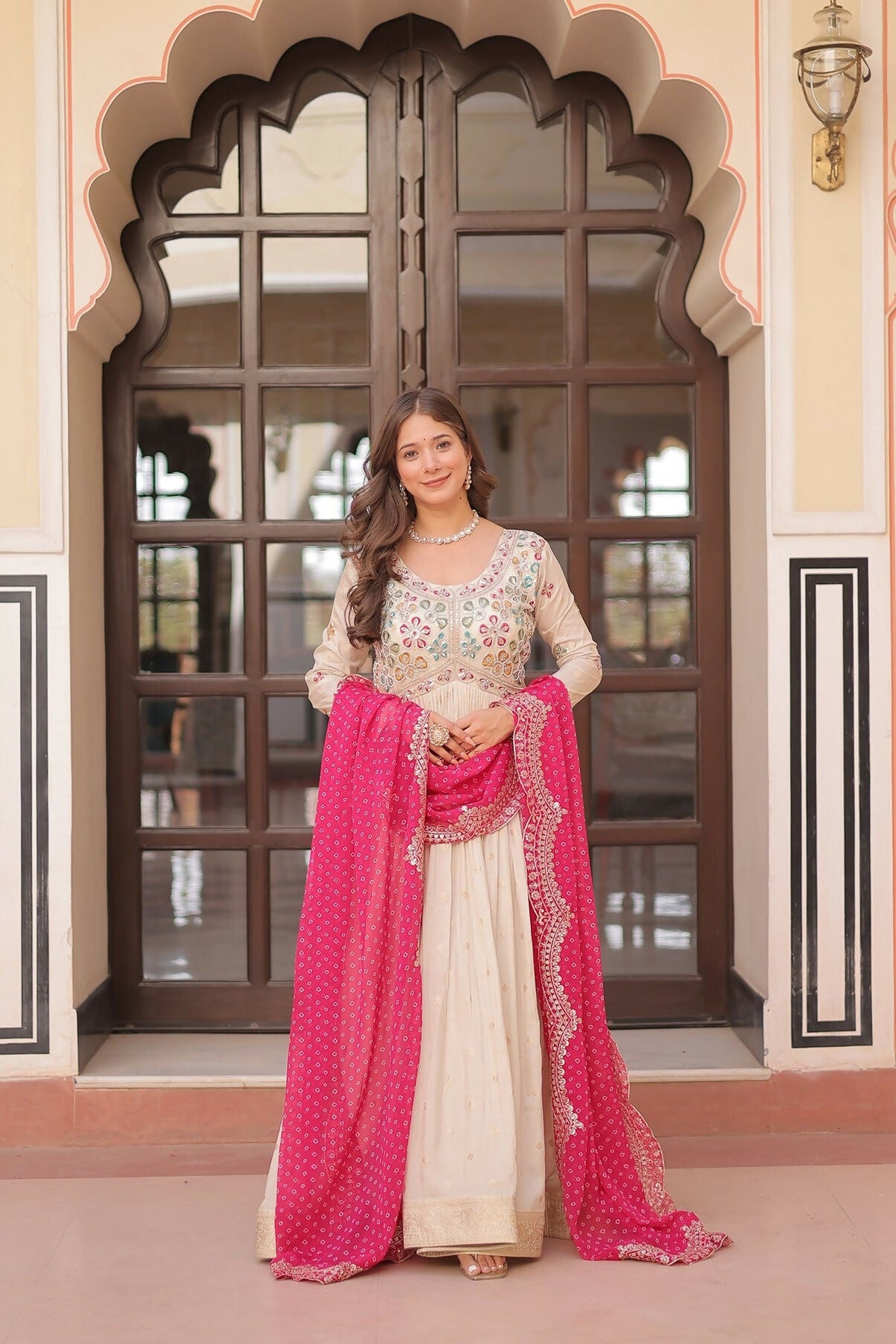 Joban Fashion Pink Jacquard Sequence Embroidery Work Kurta Set | Grocsy
