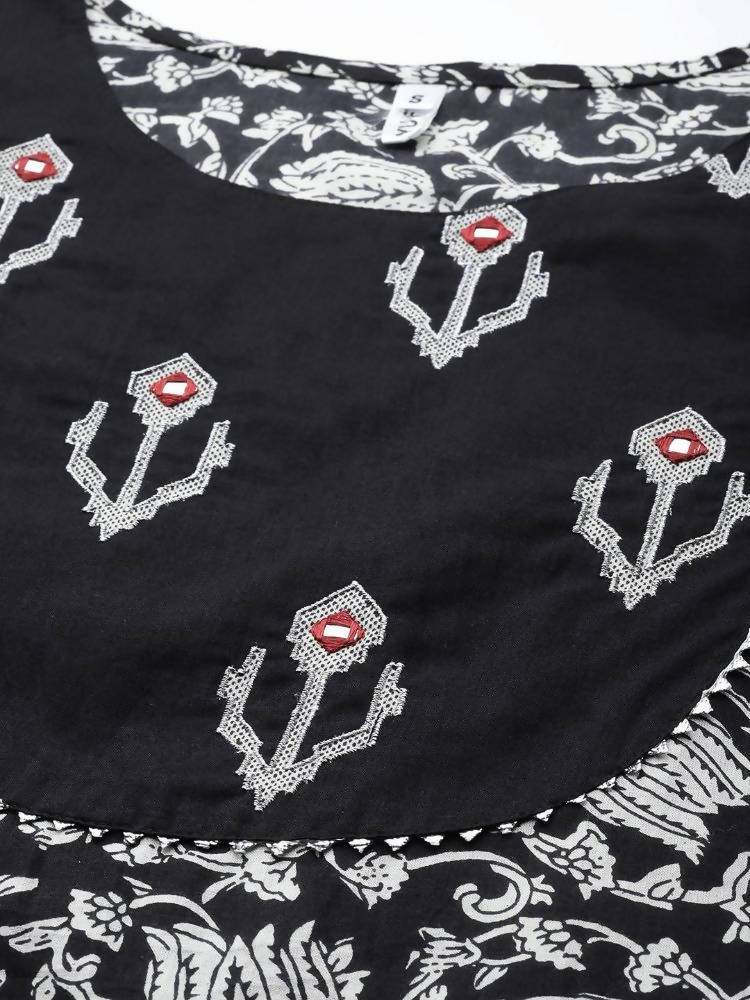 Yufta Black & Off-White Ethnic Screen Print Cotton Straight Kurta Palazzo & Dupatta | Grocsy