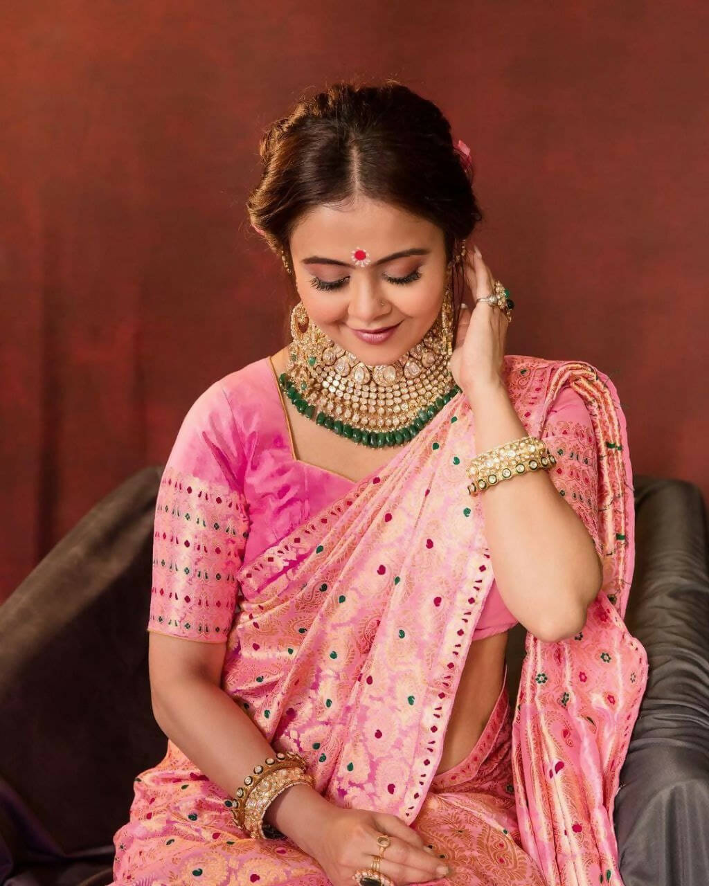 DEIANA'S Beautiful Designer Golden zari Soft Lichi Silk Saree - Peach | Grocsy