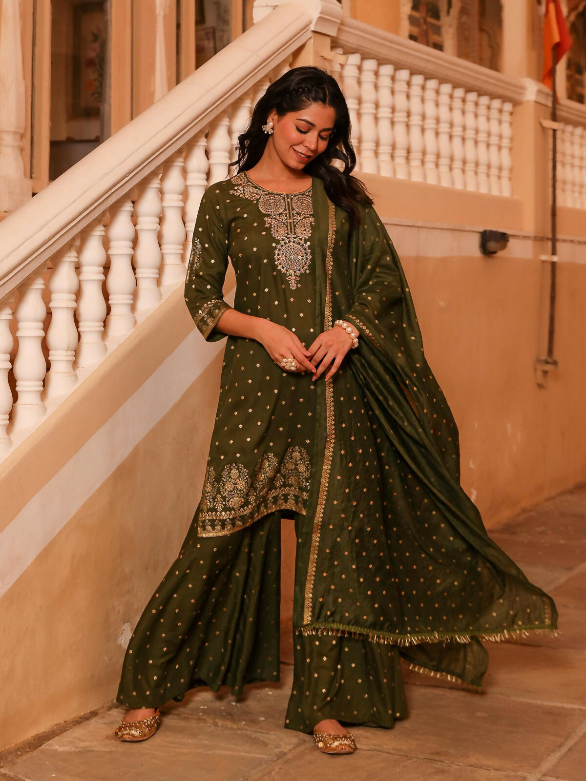 Juniper Women's The Swarn Olive Ethnic Motif Printed Rayon Kurta Pant And Dupatta With Zari Work & Sequins | Grocsy