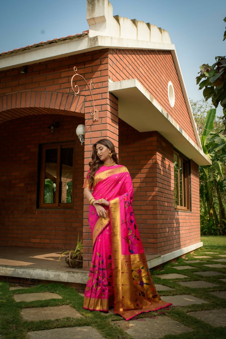 Jyoti Fashion Women's Pink Paithani Silk Zari Woven Saree with Blouse | Grocsy