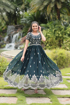 Vastranavya Premium Designer Faux Blooming with Embroidery Zari Sequins work Gown - Teal | Grocsy