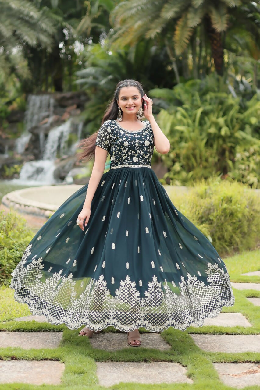 Vastranavya Premium Designer Faux Blooming with Embroidery Zari Sequins work Gown - Teal | Grocsy