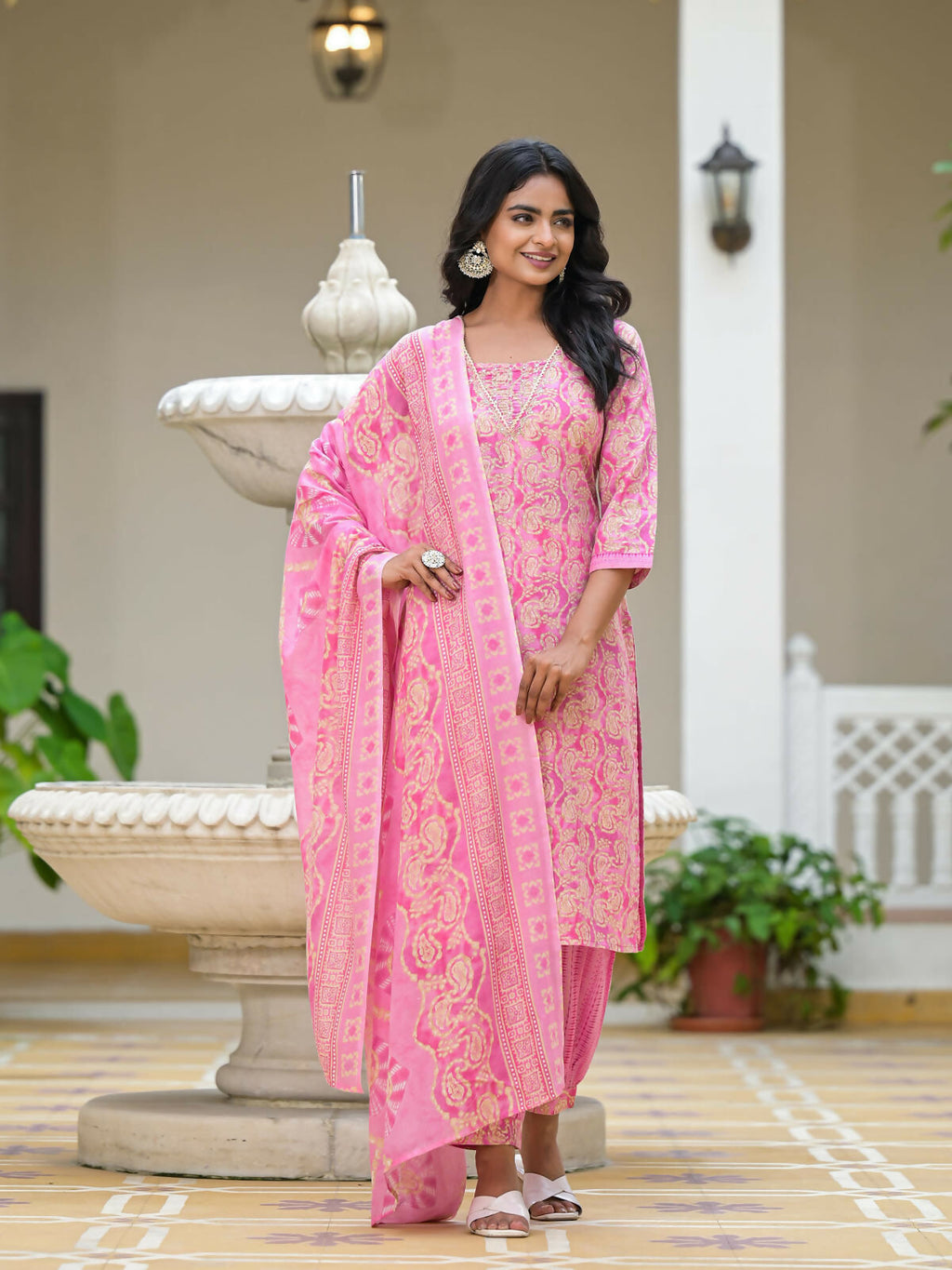Juniper Women's Pink Ethnic Motif Printed Cotton Kurta Pant With Dupatta Set With Sequins & Lace | Grocsy