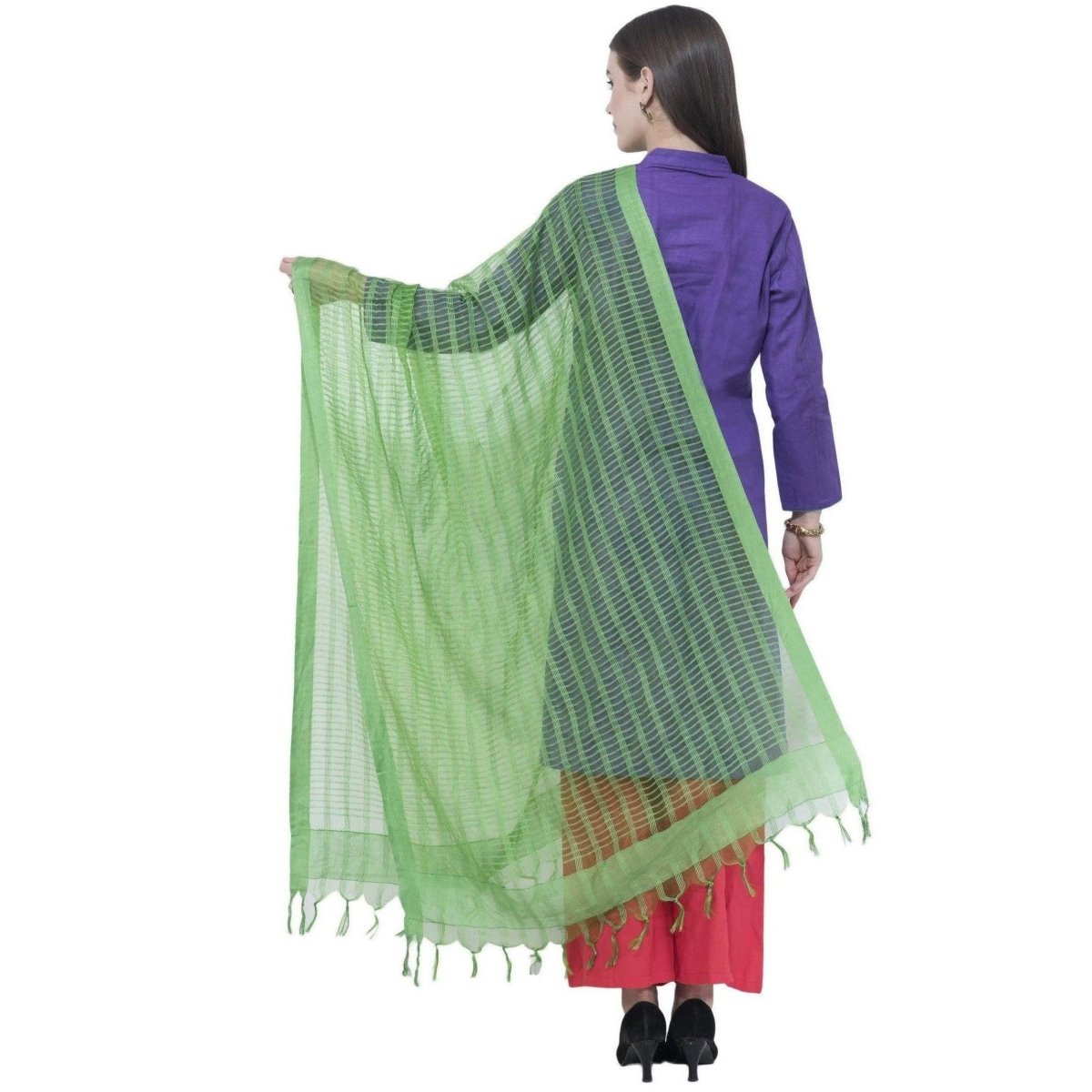 A R Silk Women's Self Check Cota Cotton Parrot Green Dupattas and Chunnis | Grocsy