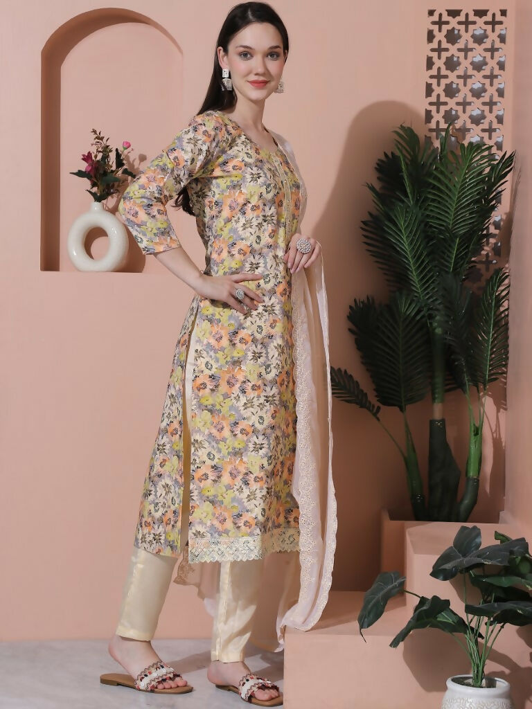 Jyoti Fashion Women's Multicolor Cotton Floral Digital Printed Kurta with Trouser & Dupatta | Grocsy