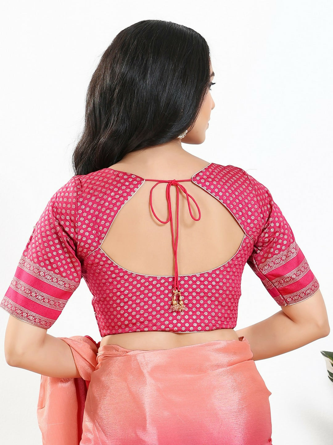 Joban Fashion South Pink Brocade Padded Blouse With Round Neck Elbow Sleeves | Grocsy