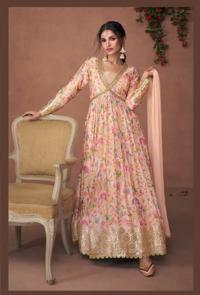 Vastranavya Peach Anarkali Suit Set In Organza Silk Floral Printed & Foil Mirror Work | Grocsy