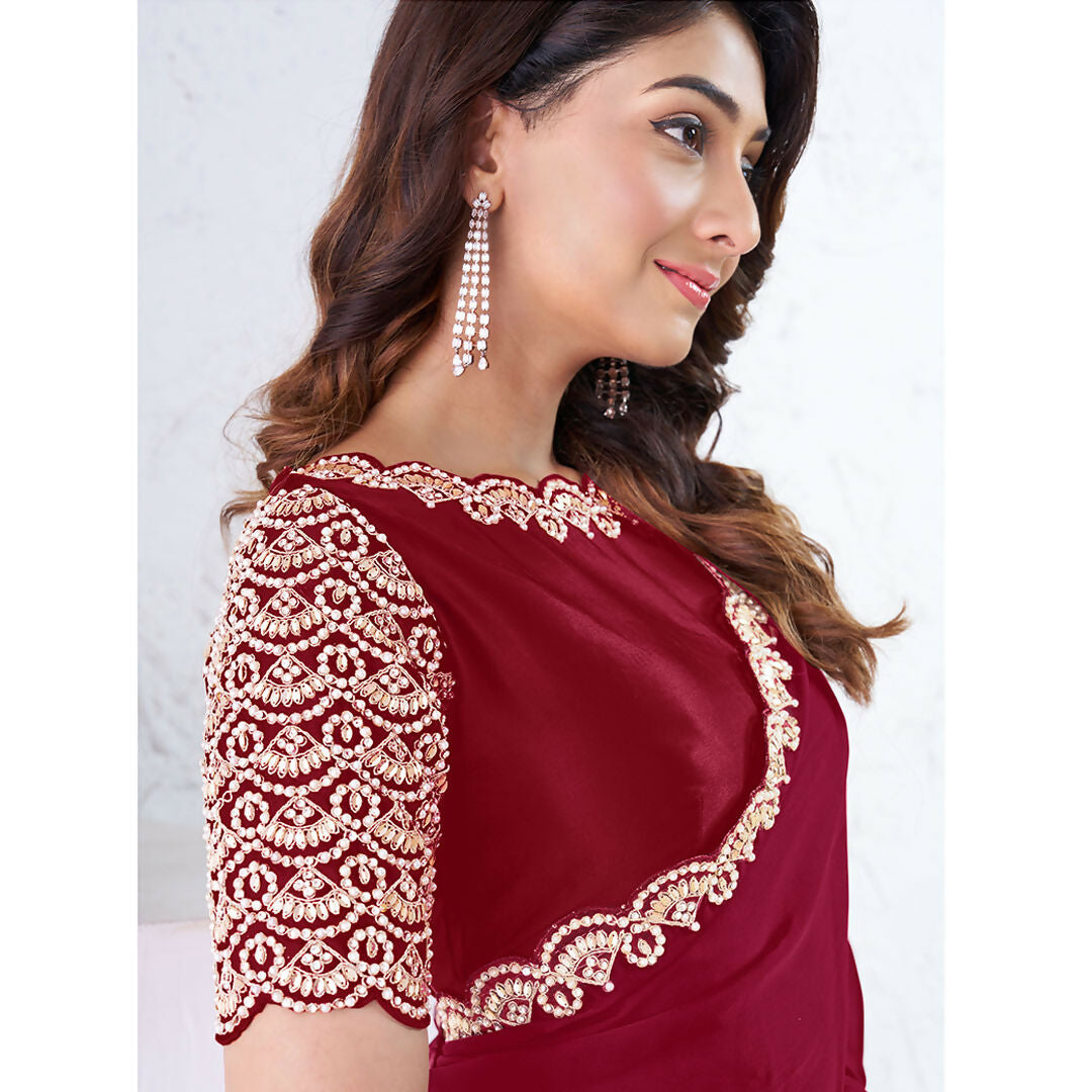 Red Pure Crepe Silk Moti With Hand Work Saree With Unstitched Blouse - Norita Swaraa | Grocsy