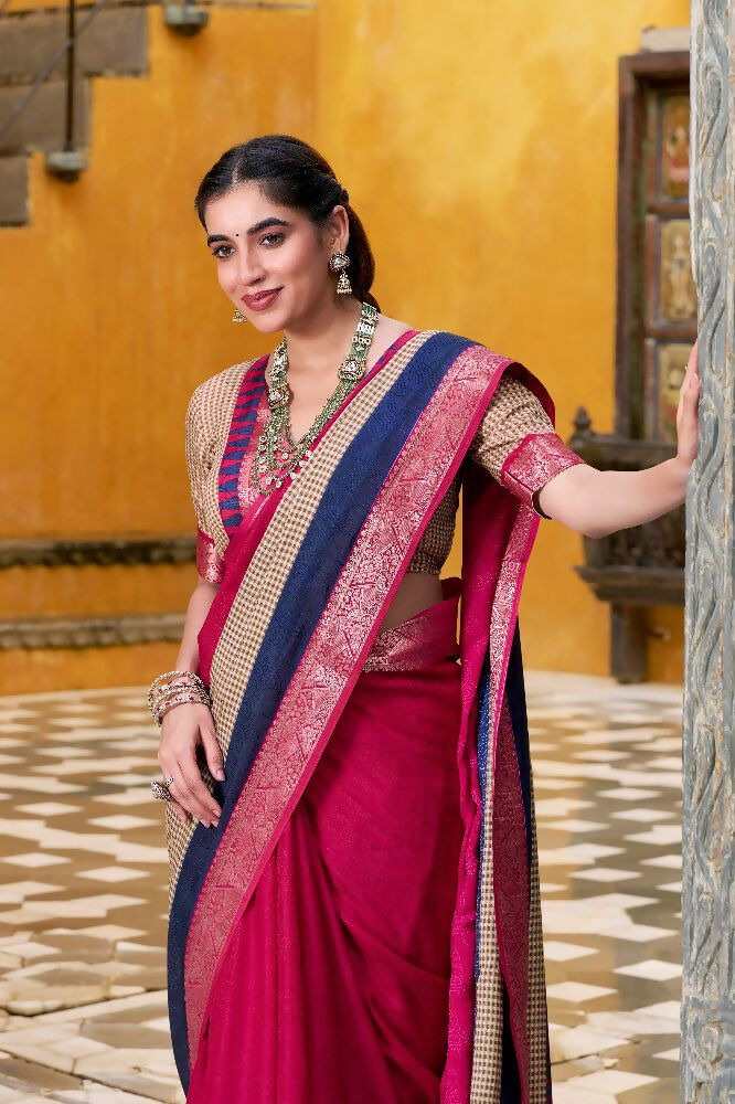 PR Fashion Pink Poly Cotton Printed With Zari Weaving Work Saree | Grocsy