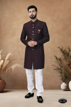 Joban Fashion Men's Brown Straight Silk Heavy Thread & Sequence Embroidery All Over Indo-Western Kurta Set | Grocsy