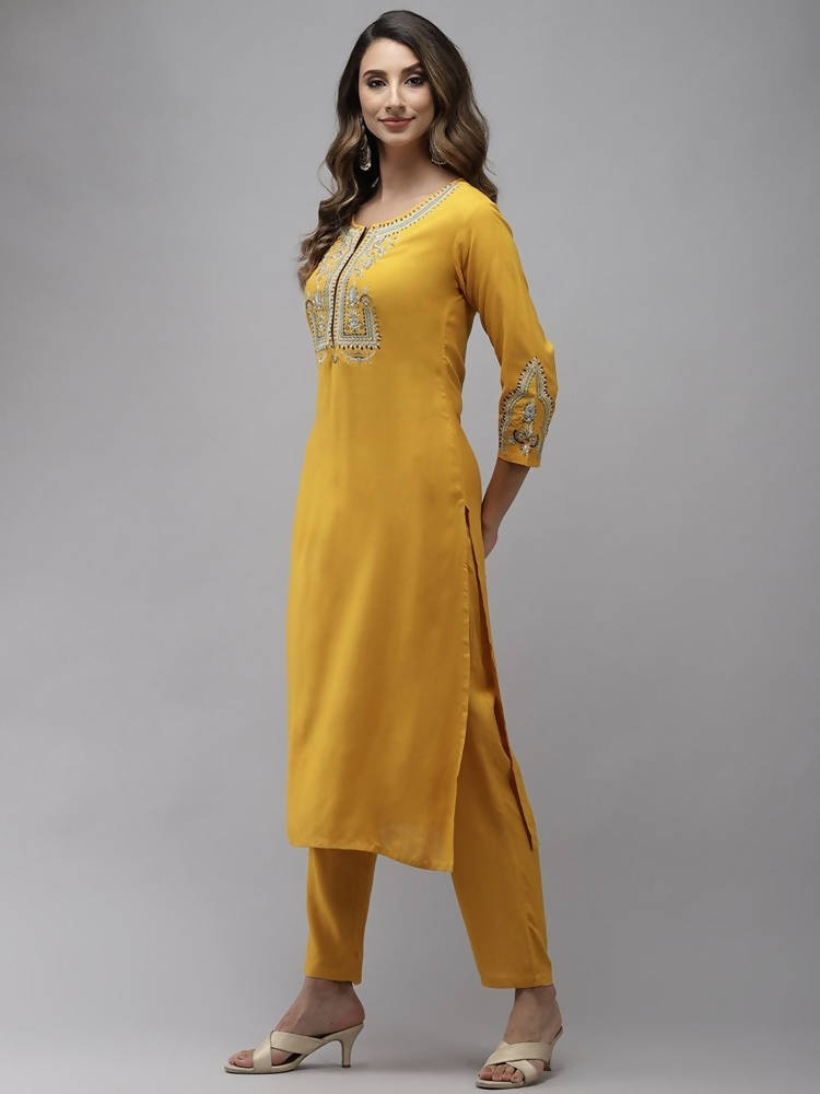 Yufta Women Yellow Floral Embroidered Regular Kurta with Palazzo & With Dupatta | Grocsy