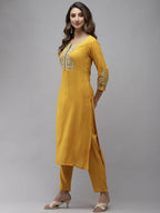 Yufta Women Yellow Floral Embroidered Regular Kurta with Palazzo & With Dupatta | Grocsy