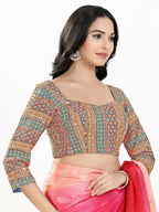 Joban Fashion Blue Multi Silk Padded Blouse With Sweetheart Neck 3/4 Sleeves | Grocsy