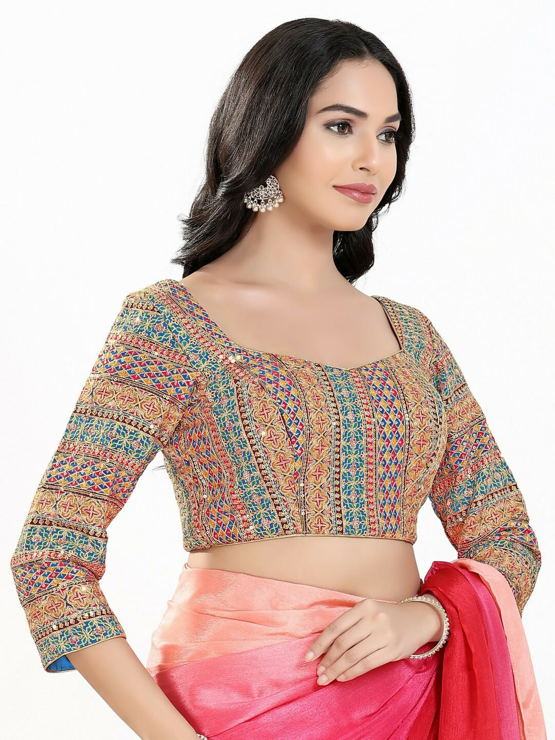 Joban Fashion Blue Multi Silk Padded Blouse With Sweetheart Neck 3/4 Sleeves | Grocsy