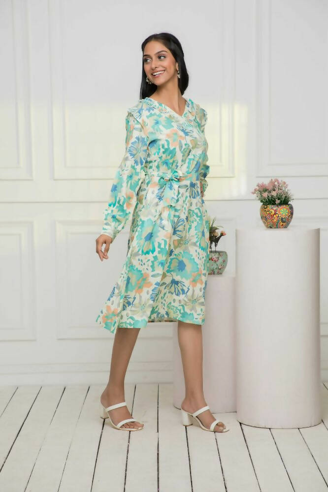 Myshka Women Multi Abstract Rayon A-Line V-Neck Dress | Grocsy