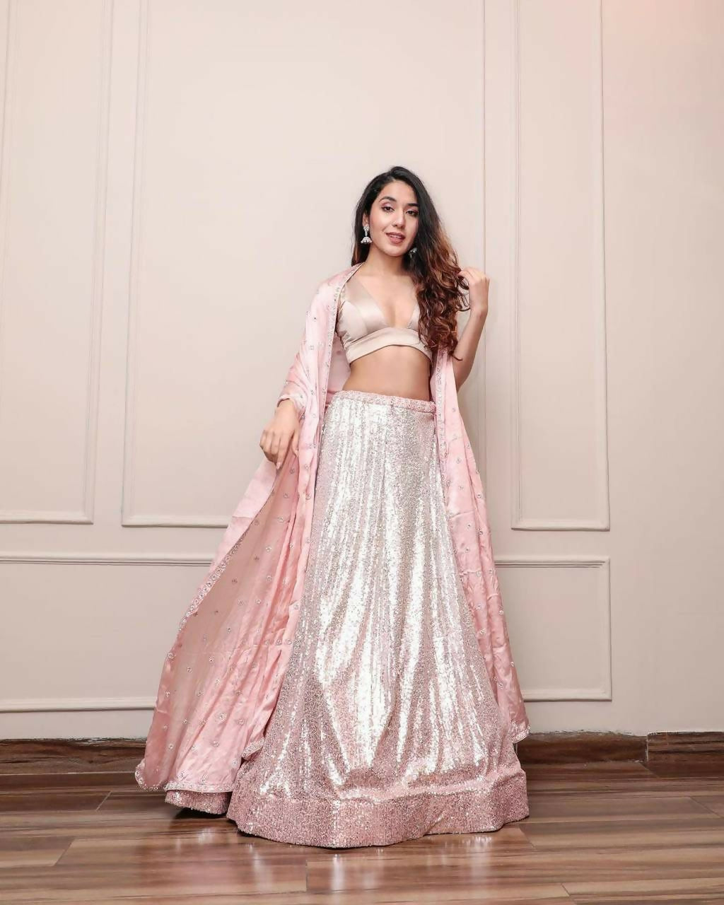 Jyoti Fashion Women's Peach Satin Silk Sequins Designer Lehenga Choli Set | Grocsy