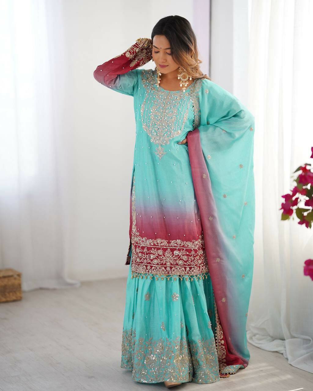 The52 Women's Beautiful Chinon silk Fabric Embroidery Work Straight Kurta Palazzo and Dupatta Set | Grocsy