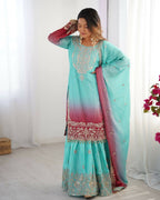 The52 Women's Beautiful Chinon silk Fabric Embroidery Work Straight Kurta Palazzo and Dupatta Set | Grocsy
