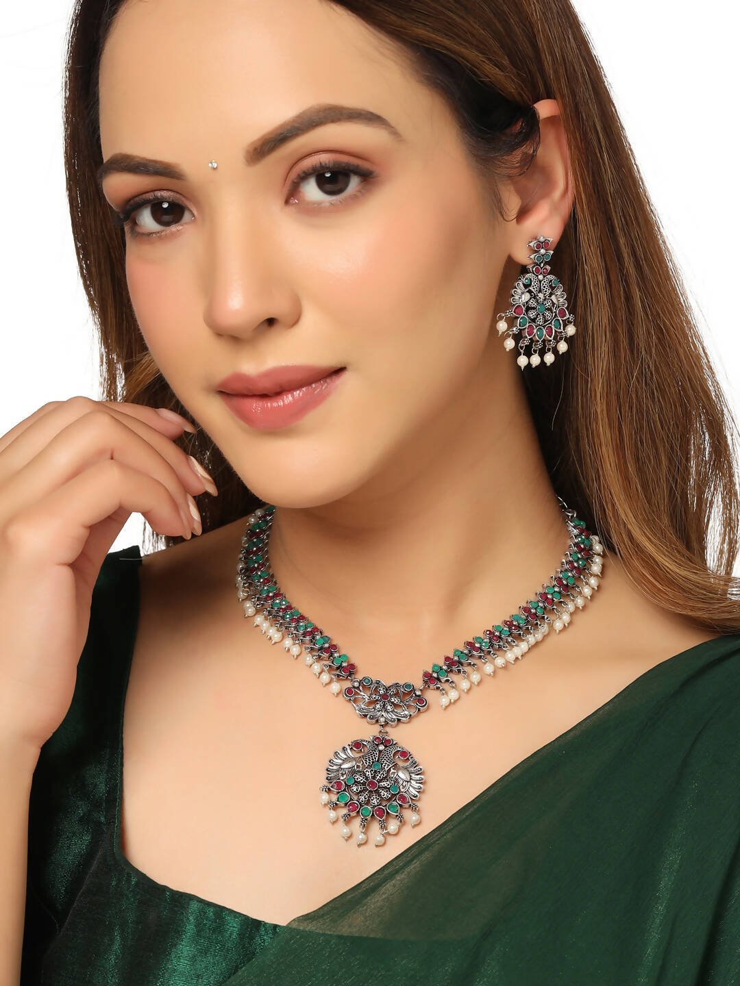 NVR Women Stone Studded Oxidised Silver Jewellery Set | Grocsy