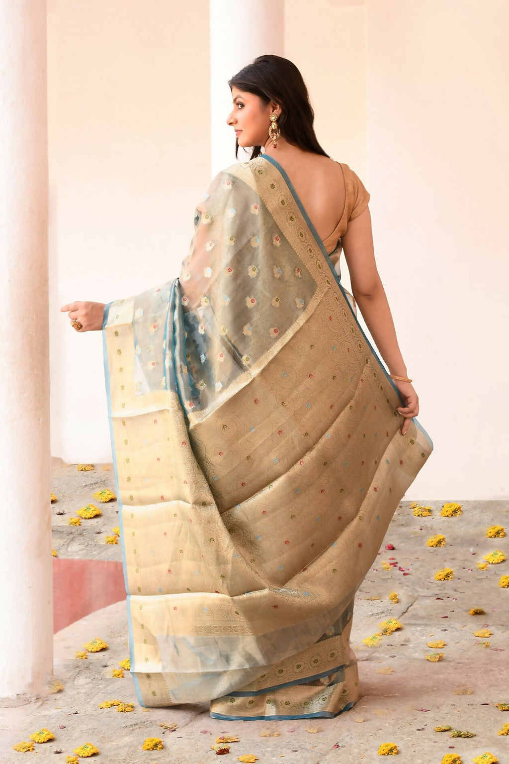 Joban Fashion Grey Pure Banarasi Tissue Saree | Grocsy