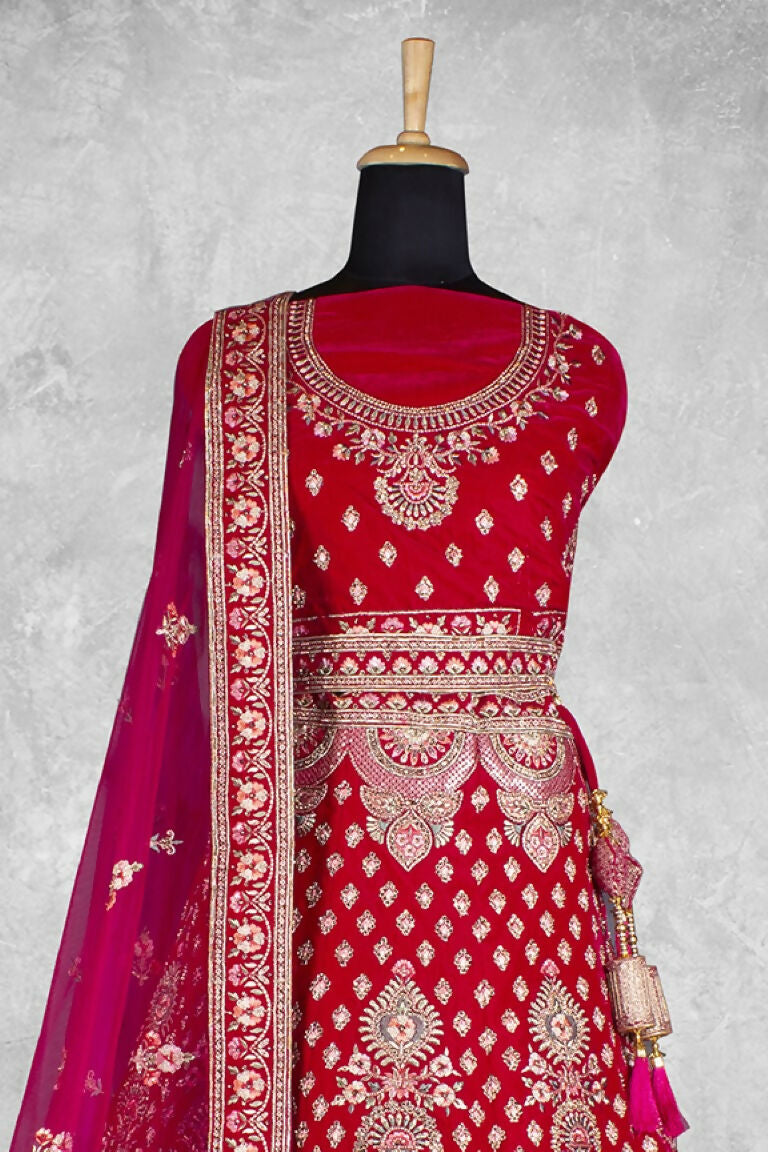 Red Velvet Hand Work Semi Stitched Lehenga Choli with Dupatta - Nimaya Lagnotsav | Grocsy