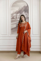 The52 Orange Women's Beautiful Vichitra Silk Fabric Embroidered Work Flared Anarkali Pant and Dupatta Set | Grocsy