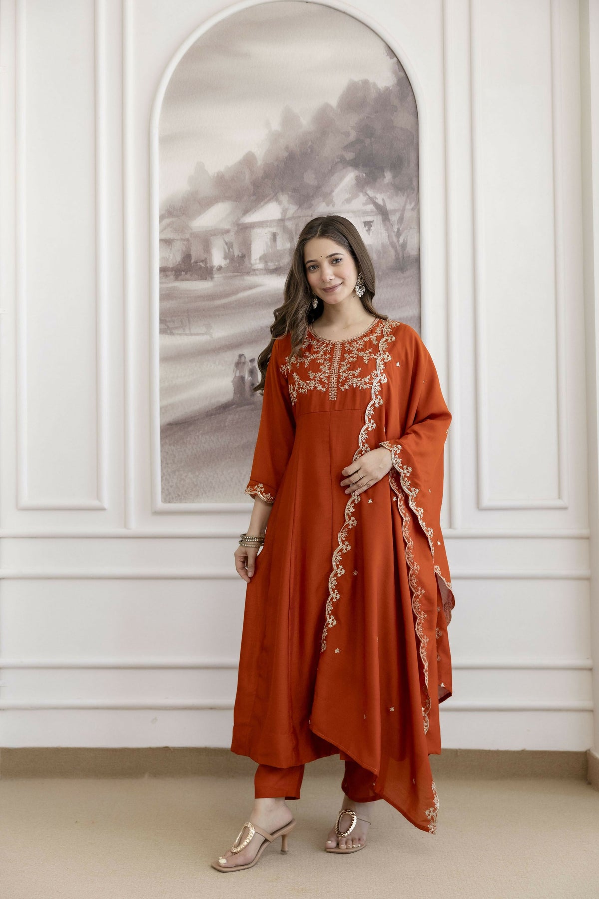 The52 Orange Women's Beautiful Vichitra Silk Fabric Embroidered Work Flared Anarkali Pant and Dupatta Set | Grocsy