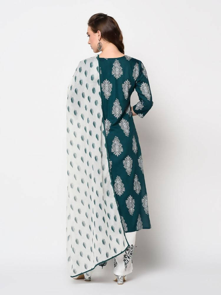 Yufta Teal Block Print Kurta with palazzo and Dupatta Set | Grocsy