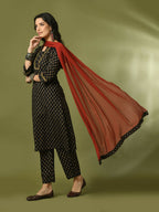 Myshka Women's Black Printed Cotton Straight Party Kurta Set With Dupatta | Grocsy