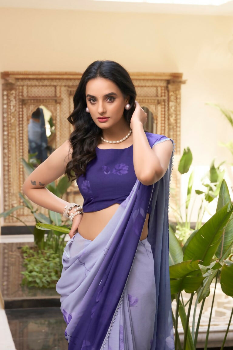 Vastranavya Purple Weightless Marble Printed & Trim Lace Border Saree with Unstitched Blouse | Grocsy