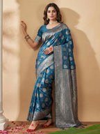 Shree Shyam Fashion Teal Blue Silk Blend Saree | Grocsy