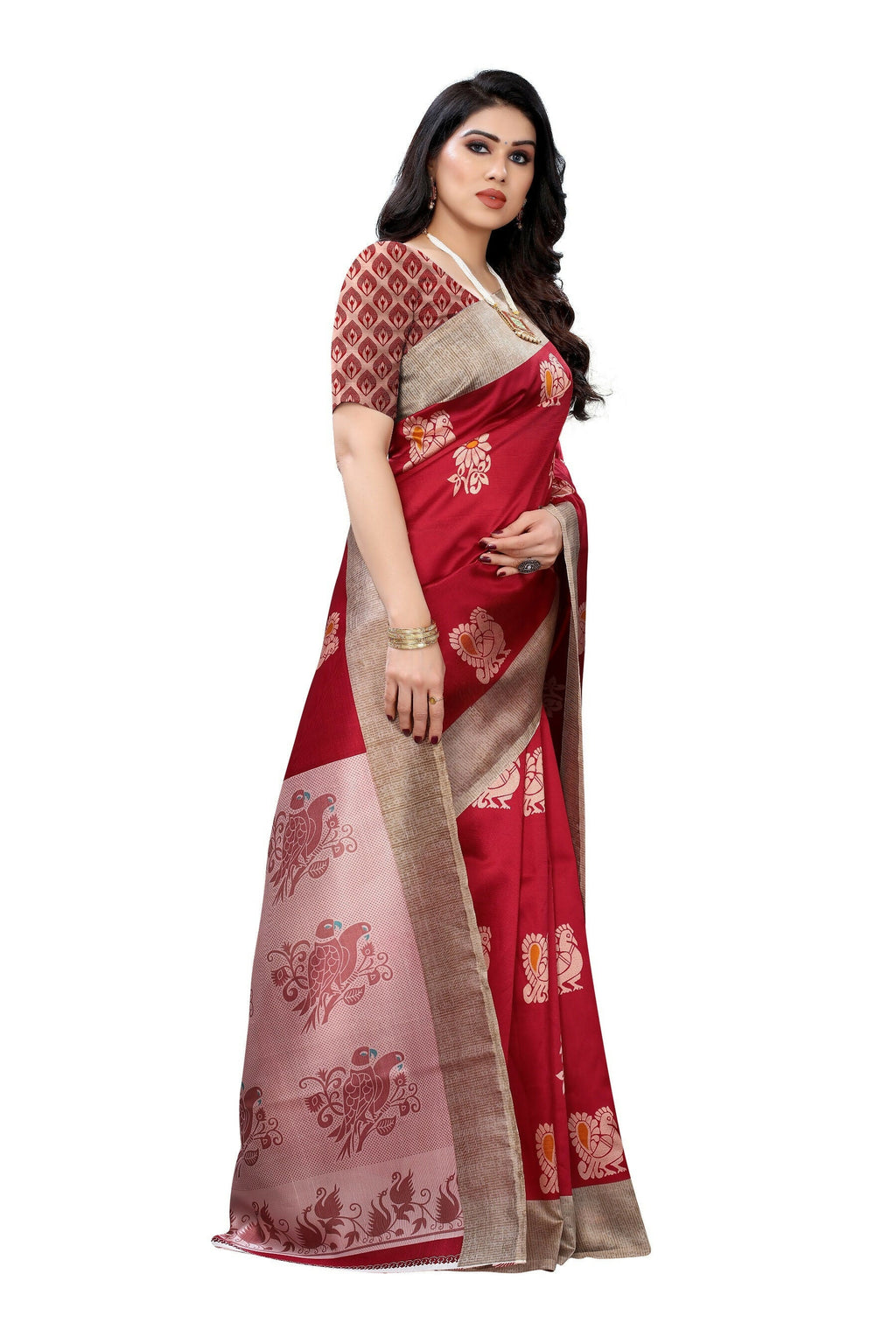 Vamika Red Printed Art Silk Saree | Grocsy