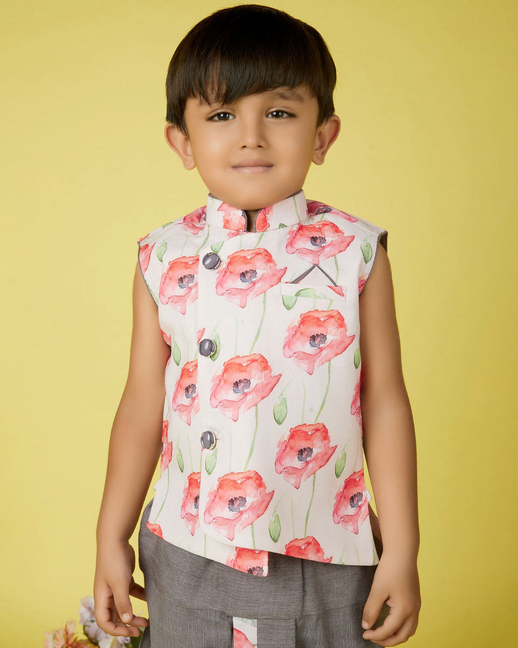 Joban Fashion Kids Island Cotton Sleeveless printed Kurta and Solid Dhoti - Grey | Grocsy