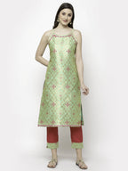 Myshka Green Jacard Printed Sleeveless Round Neck Kurta Pant Dupatta Set | Grocsy