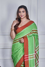 Morchari Green Cotton Handloom Mirror Work Saree Unstitched Blouse | Grocsy