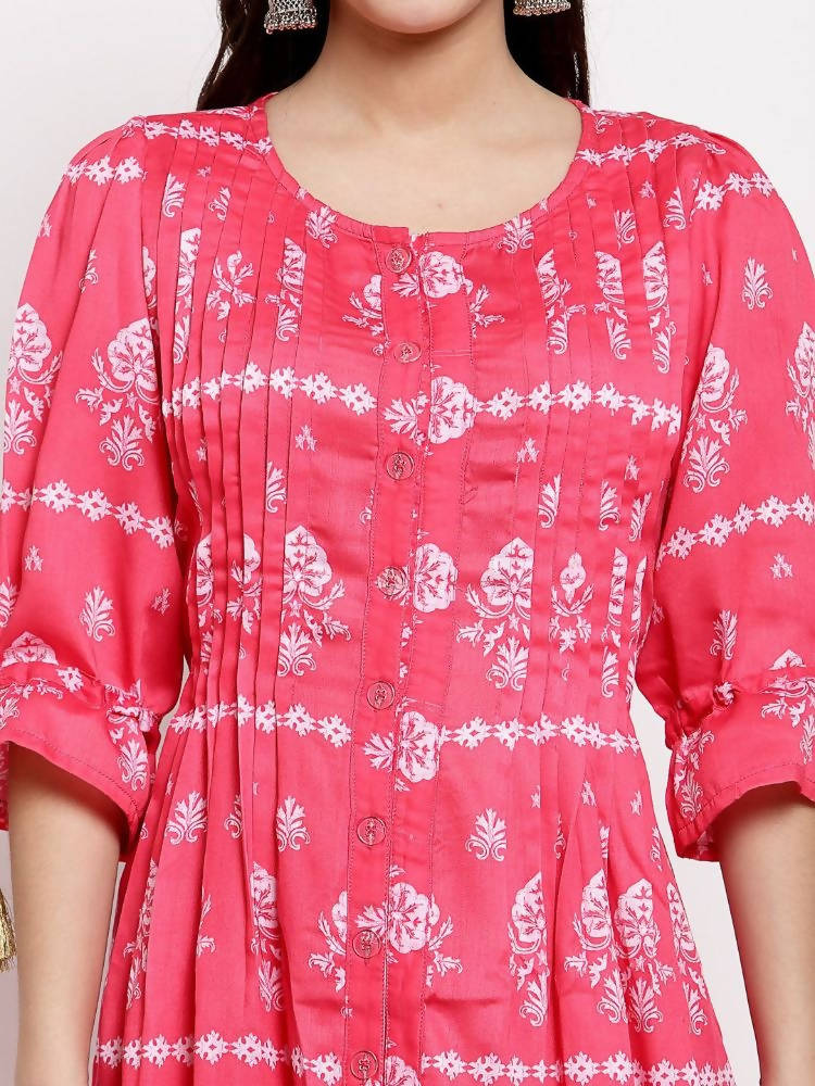 Myshka Women's Pink Cotton Printed 3/4 Sleeve Round Neck Casual Dress | Grocsy