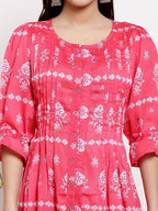Myshka Women's Pink Cotton Printed 3/4 Sleeve Round Neck Casual Dress | Grocsy