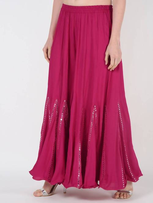 Mominos Fashion Magenta Viscose Rayon Flared Palazzo with Mirror Lace Work | Grocsy