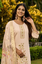 The52 Women's Beautiful Embroidery Work Roman Fabric Straight Kurta Pant and Dupatta Set | Grocsy