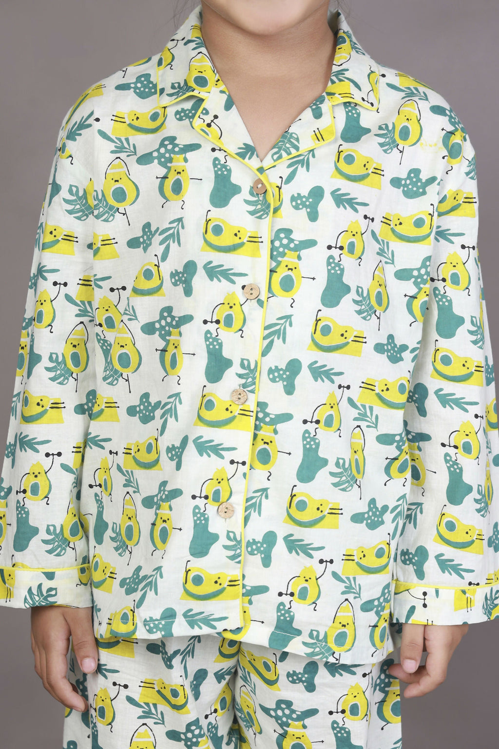 Breathables Kids Cotton Night Suit – White Avocado Print Shirt & Pyjama Co-Ord Set For Boys & Girls | Grocsy
